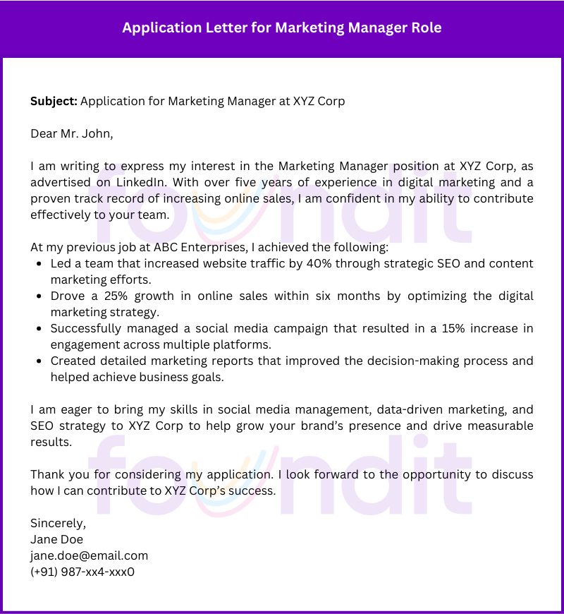 Sample Application Letter for Marketing Manager Role