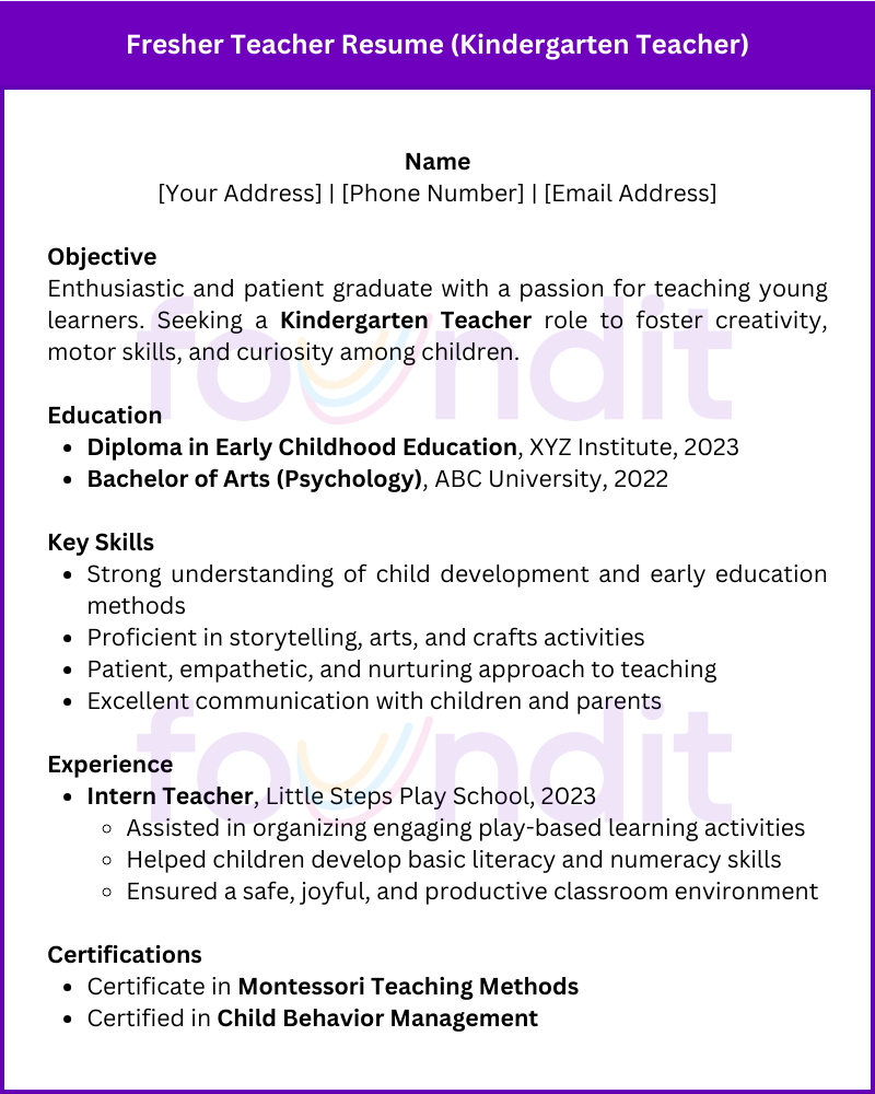 Sample fresher teacher resume for kindergarten teacher